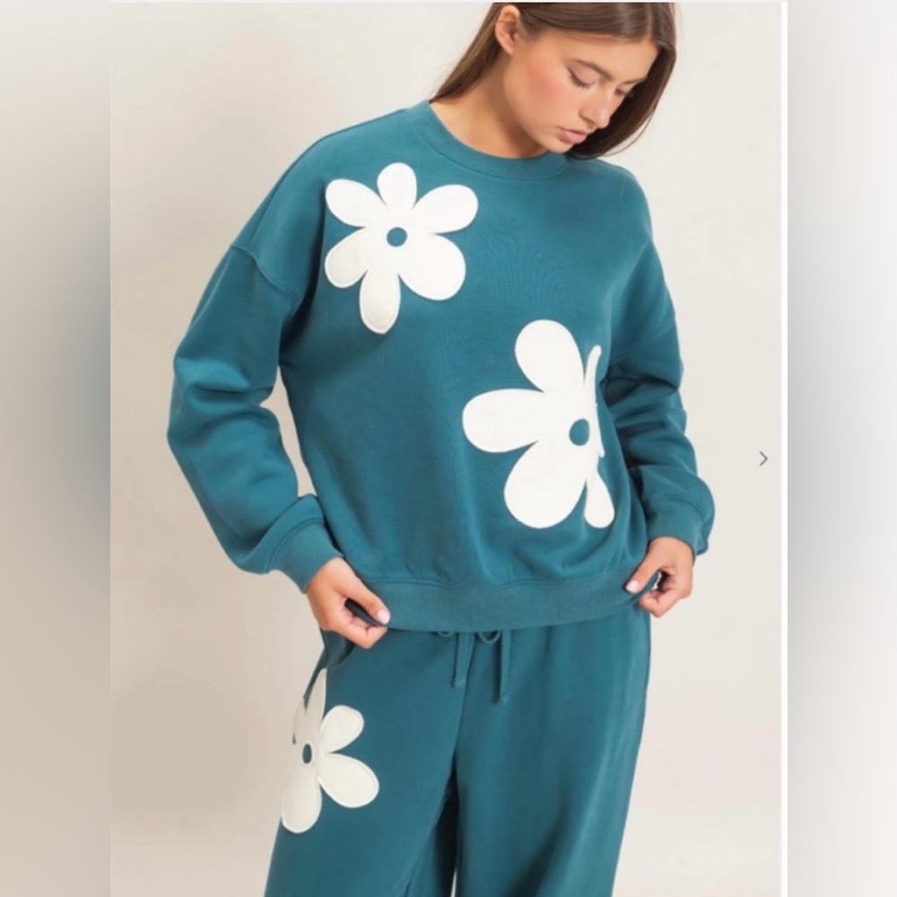 Double Zero Teal Floral Appliqué Sweatshirt SET